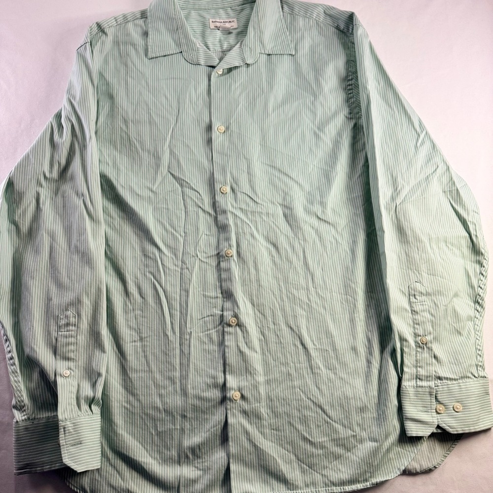 Banana Republic Shirt Mens XXL Green White Striped Cotton Non Iron Classic Fit